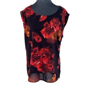The Limited Mixed Media Purple Red Floral Print Cap Sleeve Keyhole Blouse Top L